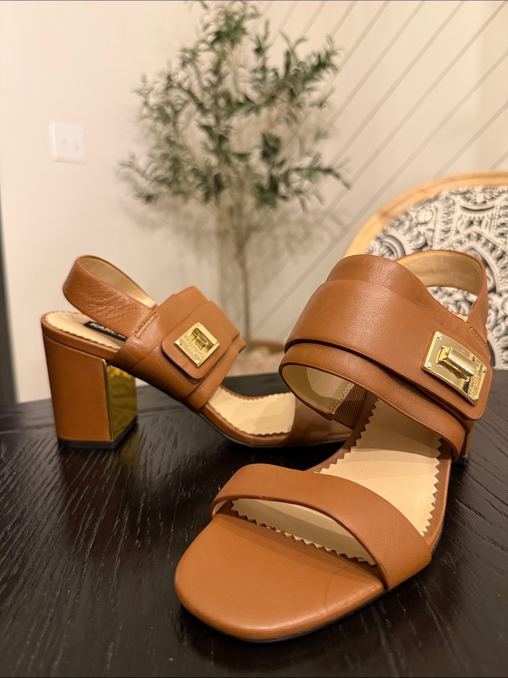 Karl Lagerfeld Brown Leather Block Heel Sandals with Gold Buckle